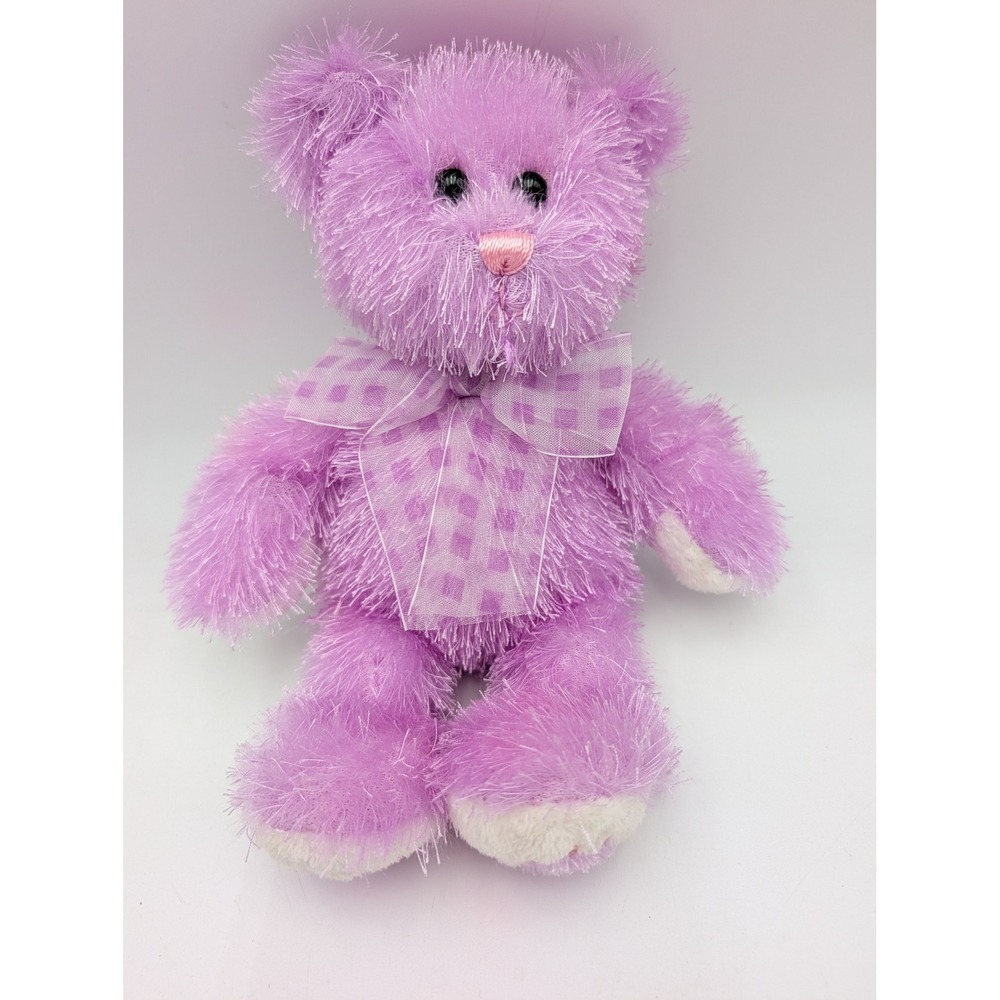 Aurora Teddy Bear Purple Shaggy Gingham Bow Heart Feet Plush 9 Inch